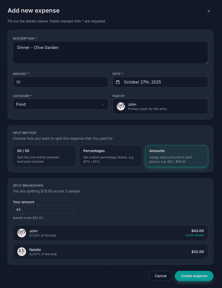 Unawkly add expense modal