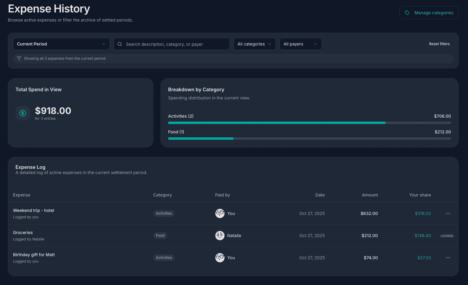 Unawkly expense history and ledger view
